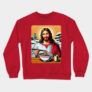 Jesus Christ Eating Ramen Drinking Matcha Japanese Garden White Christmas Crewneck Sweatshirt